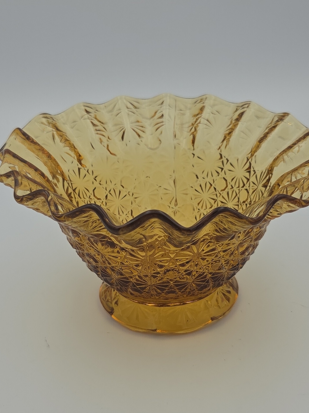 L.E. Smith Daisy And Button Amber Ruffled Glass Accent Bowl - Home Art